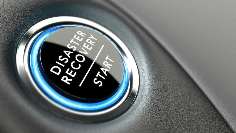 DRP start button. Disaster Recovery Plan concept or crisis solutions.